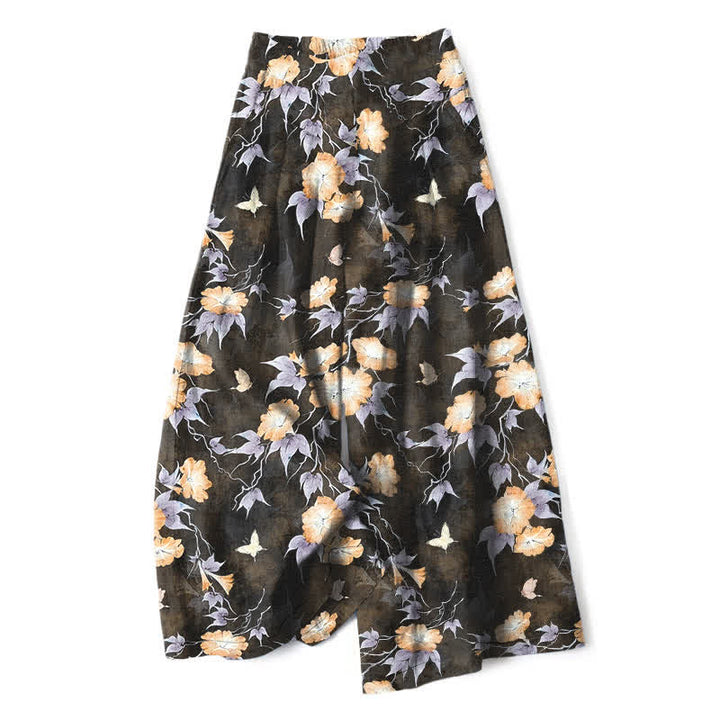 Buddha Stones Cotton Linen Blue Floral Leaves Pattern Women's Elastic Waist Wide Leg Pants With Pockets - Goldenrod - US16，UK/AU20，EU48 (3XL) - image 6