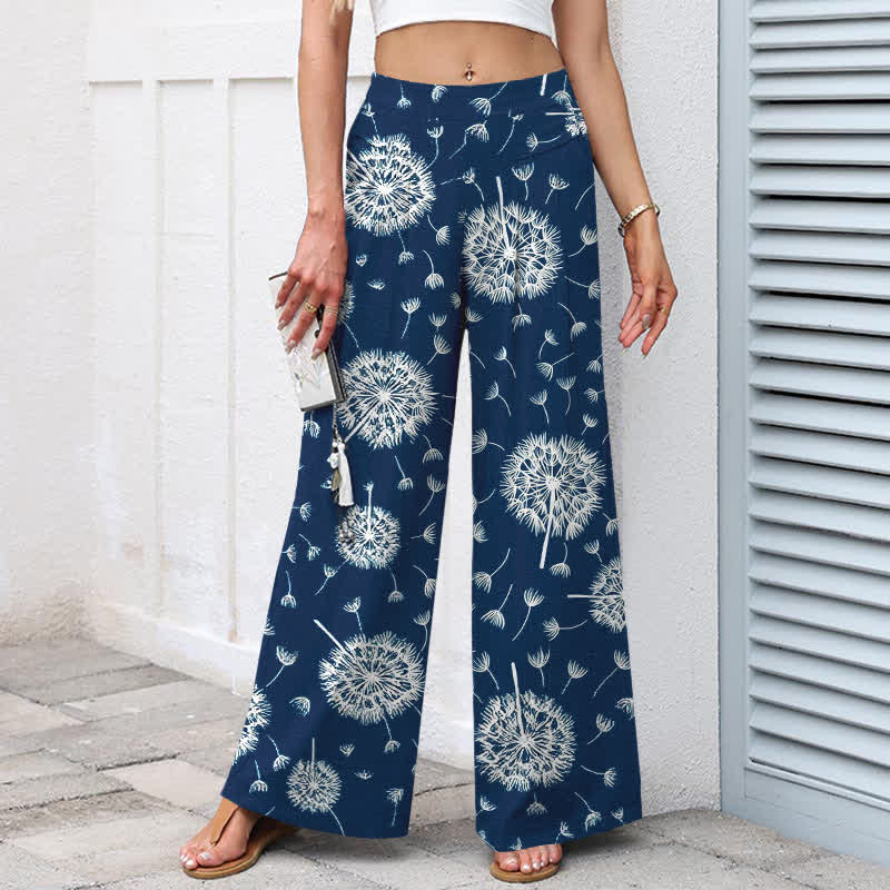 Buddha Stones Cotton Linen White Dandelion Pattern Women's Elastic Waist Wide Leg Pants With Pockets - image 1