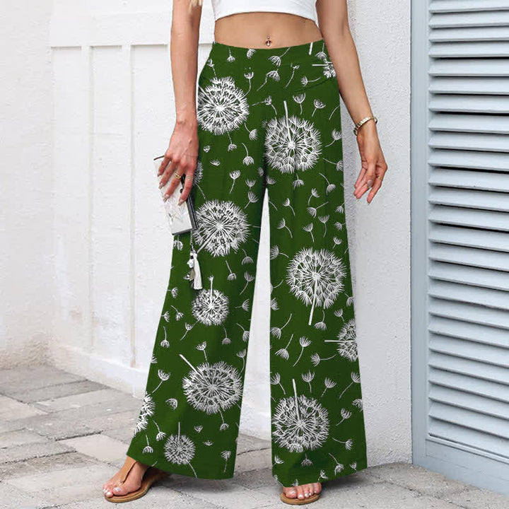 Buddha Stones Cotton Linen White Dandelion Pattern Women's Elastic Waist Wide Leg Pants With Pockets - image 5