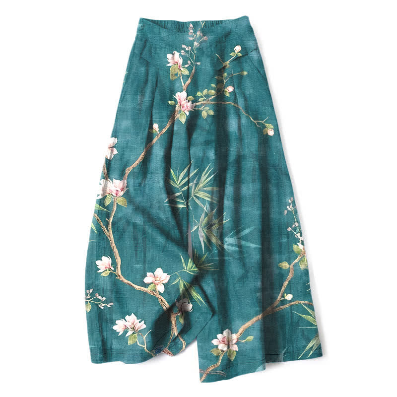 Buddha Stones Cotton Linen Oriental Light Pink Floral Pattern Women's Elastic Waist Wide Leg Pants With Pockets - Teal - US16，UK/AU20，EU48 (3XL) - image 0