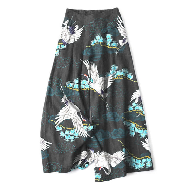 Buddha Stones Cotton Linen White Crane Auspicious Clouds Pine Pattern Women's Elastic Waist Wide Leg Pants With Pockets - Black - US16，UK/AU20，EU48 (3XL) - image 0