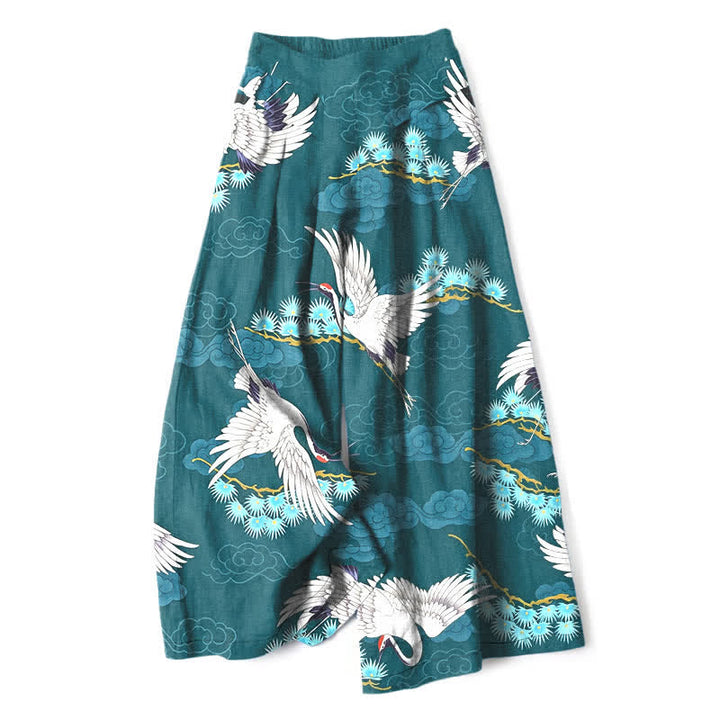 Buddha Stones Cotton Linen White Crane Auspicious Clouds Pine Pattern Women's Elastic Waist Wide Leg Pants With Pockets - Teal - US16，UK/AU20，EU48 (3XL) - image 4