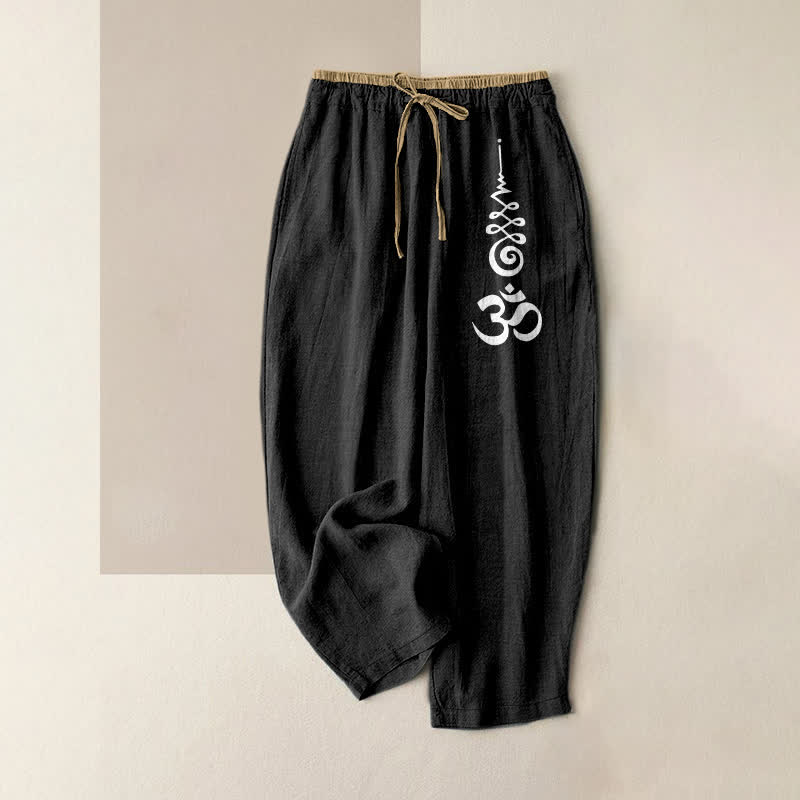 Buddha Stones Pure Cotton Om Symbol Pattern Women's Elastic Waist Pants With Pockets - Black - US16，UK/AU20，EU48 (3XL) - image 0