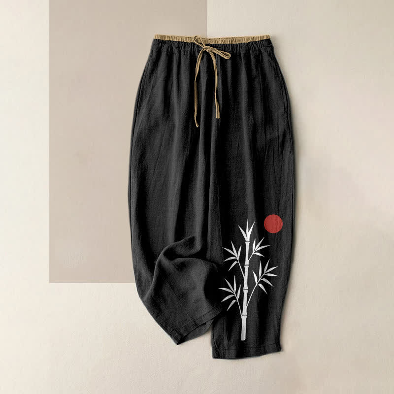 Buddha Stones Cotton Zen Bamboo Pattern Women's Elastic Waist Pants With Pockets - Black - US16，UK/AU20，EU48 (3XL) - image 0