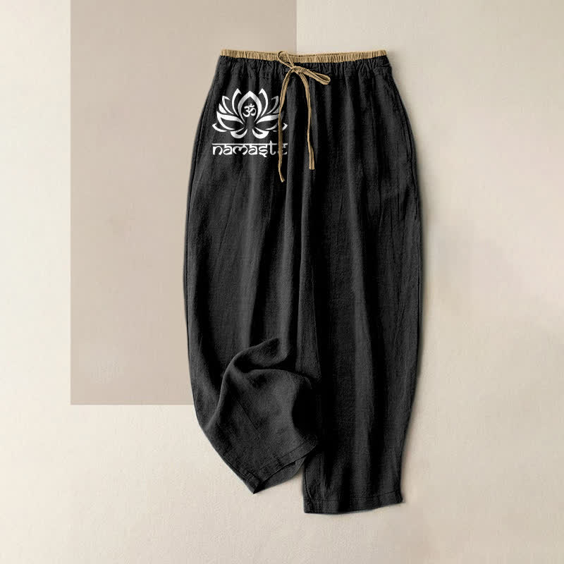 Buddha Stones Pure Cotton Namaste Lotus Pattern Women's Elastic Waist Pants With Pockets - Black - US16，UK/AU20，EU48 (3XL) - image 0