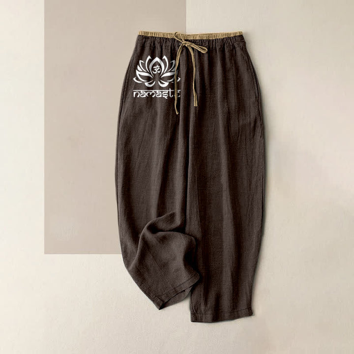 Buddha Stones Pure Cotton Namaste Lotus Pattern Women's Elastic Waist Pants With Pockets - SaddleBrown - US16，UK/AU20，EU48 (3XL) - image 4