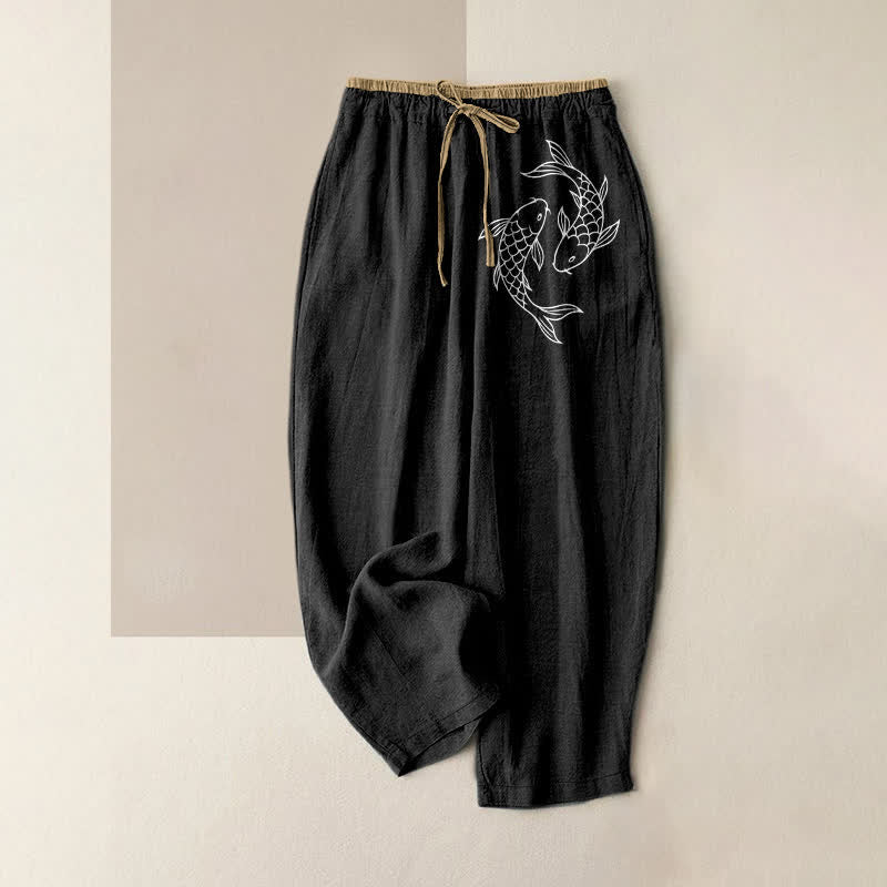 Buddha Stones Pure Cotton Zen Koi Fish Pattern Women's Elastic Waist Pants With Pockets - Black - US16，UK/AU20，EU48 (3XL) - image 4