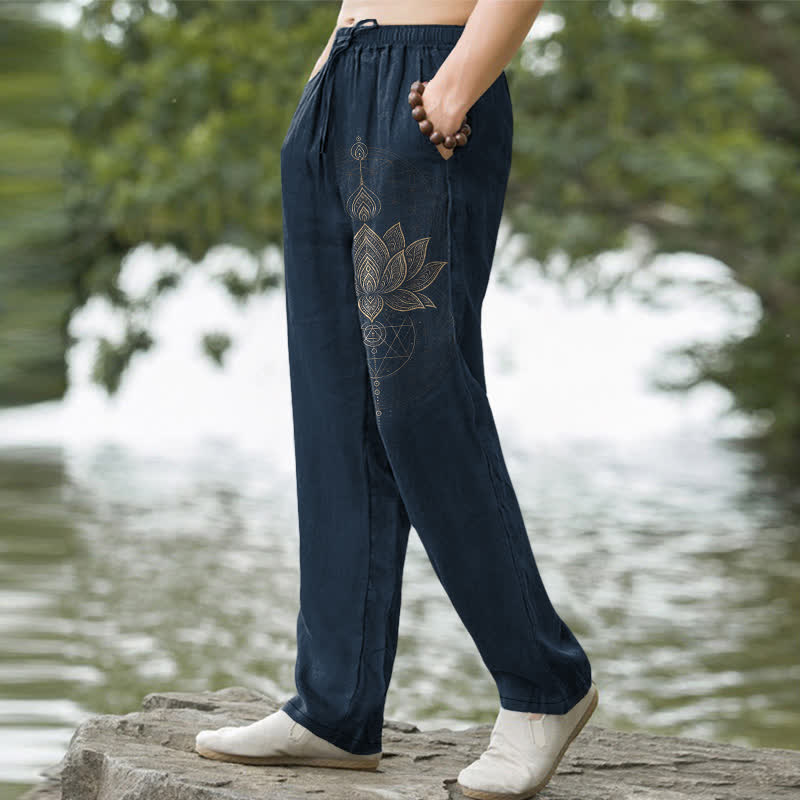 Buddha Stones Cotton Lotus Mandala Pattern Men's Tapered Pants With Pockets - image 5