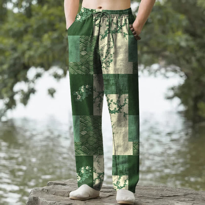 Buddha Stones Cotton Patchwork Wave Floral Pattern Men's Tapered Pants With Pockets - ForestGreen - US/UK/AU50，EU60 (5XL) - image 6