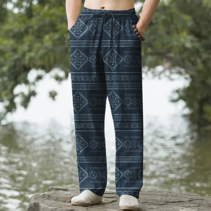 Buddha Stones Cotton Tribal Geometric Stripe Pattern Men's Tapered Pants With Pockets - Navy - US/UK/AU50，EU60 (5XL) - image 4