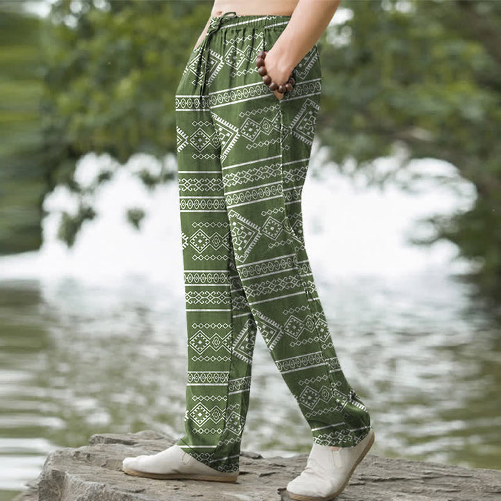 Buddha Stones Cotton Tribal Geometric Stripe Pattern Men's Tapered Pants With Pockets - image 7