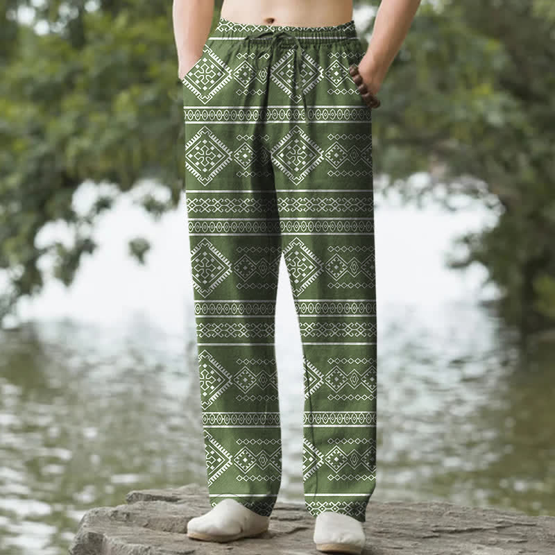 Buddha Stones Cotton Tribal Geometric Stripe Pattern Men's Tapered Pants With Pockets - OliveDrab - US/UK/AU50，EU60 (5XL) - image 6