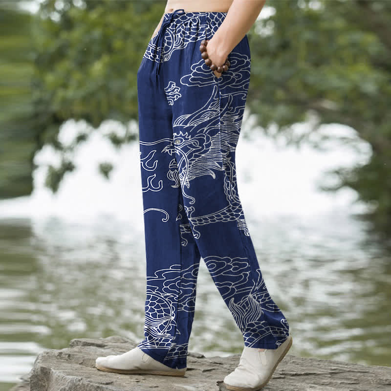Buddha Stones Cotton Oriental Dragon Cloud Pattern Men's Tapered Pants With Pockets - image 7