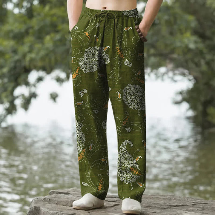 Buddha Stones Cotton Bohemian Floral Vine Pattern Men's Tapered Pants With Pockets - DarkOliveGreen - US/UK/AU50，EU60 (5XL) - image 4