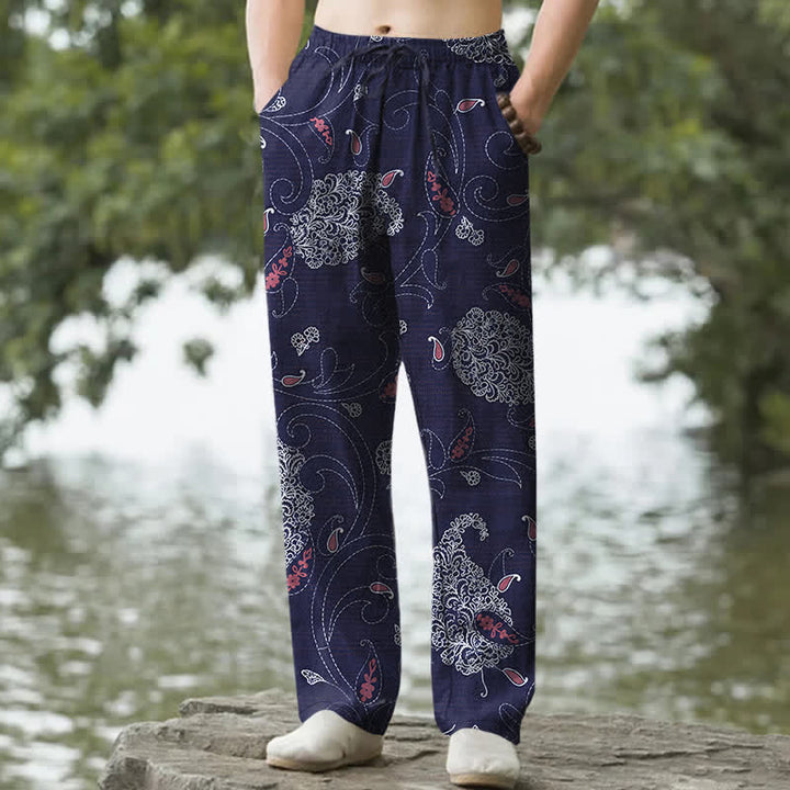 Buddha Stones Cotton Bohemian Floral Vine Pattern Men's Tapered Pants With Pockets - Navy - US/UK/AU50，EU60 (5XL) - image 6