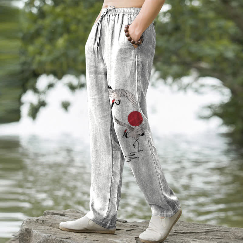 Buddha Stones Cotton Red Sun Crane Pattern Men's Tapered Pants With Pockets - image 1