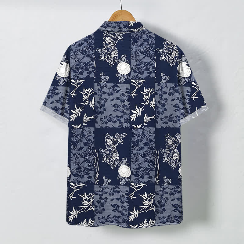 Buddha Stones Blue Plaid Floral Pattern Buttons Breathable Men's Short Sleeve Shirt - image 1
