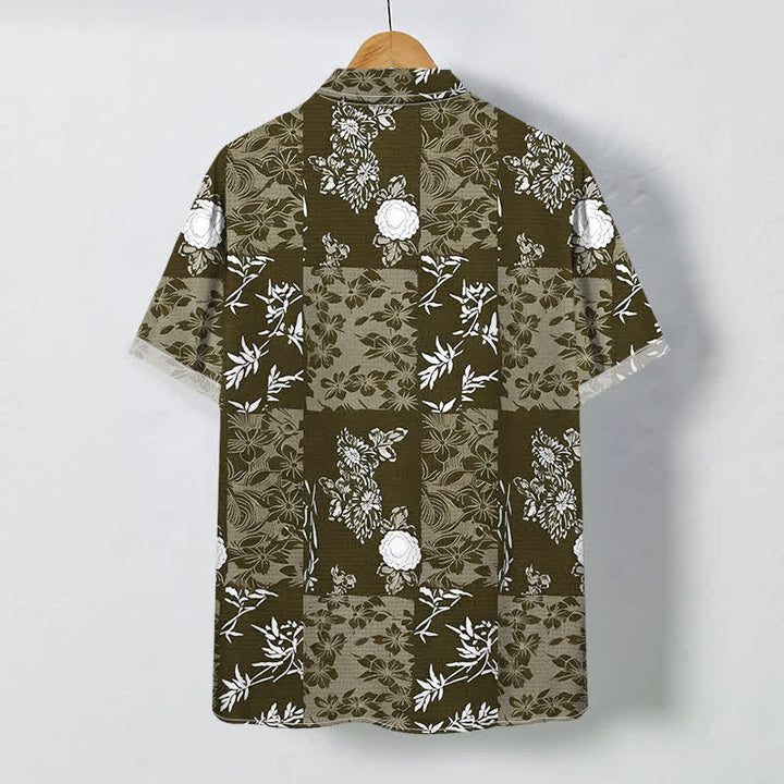 Buddha Stones Blue Plaid Floral Pattern Buttons Breathable Men's Short Sleeve Shirt - image 4
