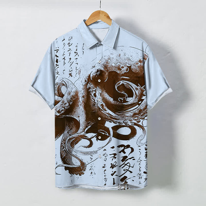 Buddha Stones Japanese Octopus Calligraphy Pattern Buttons Wrinkle-resistant Men's Short Sleeve Shirt - LightBlue - US/UK/AU48，EU58 (4XL) - image 3