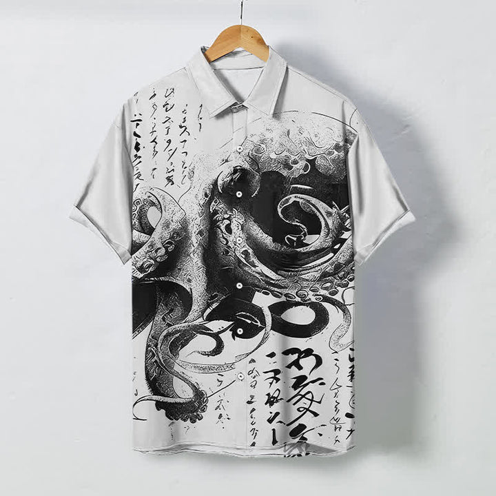 Buddha Stones Japanese Octopus Calligraphy Pattern Buttons Wrinkle-resistant Men's Short Sleeve Shirt - Gainsboro - US/UK/AU48，EU58 (4XL) - image 6
