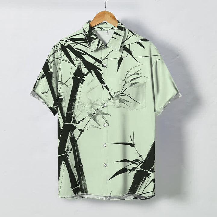 Buddha Stones Ink Bamboo Pattern Buttons Wrinkle-resistant Men's Short Sleeve Shirt - PaleGreen - US/UK/AU48，EU58 (4XL) - image 3