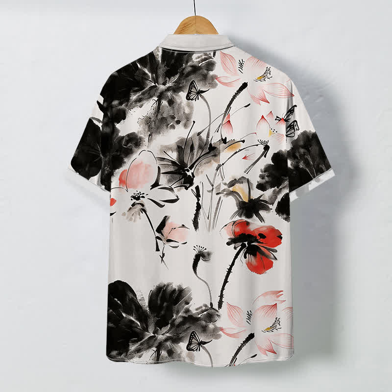 Buddha Stones Ink Floral Blossom Pattern Buttons Breathable Men's Short Sleeve Shirt - image 1