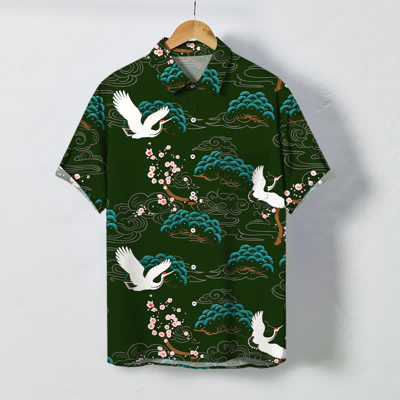 Buddha Stones Crane Pine Blossom Cloud Pattern Buttons Breathable Men's Short Sleeve Shirt - DarkGreen - US/UK/AU48，EU58 (4XL) - image 5