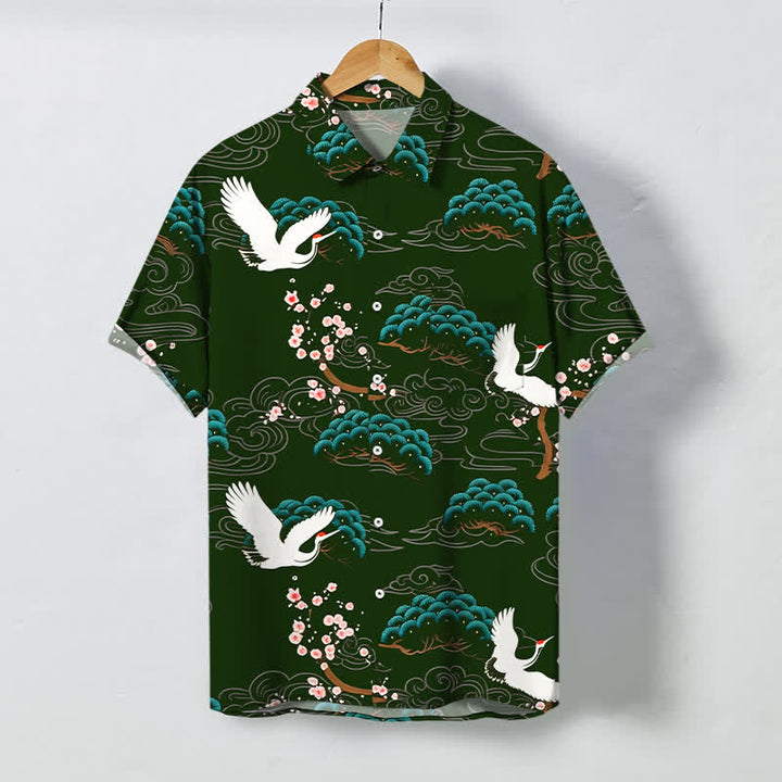 Buddha Stones Crane Pine Blossom Cloud Pattern Buttons Breathable Men's Short Sleeve Shirt - DarkGreen - US/UK/AU48，EU58 (4XL) - image 5