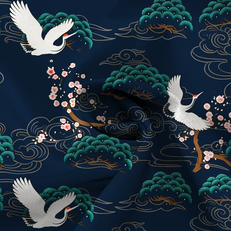Buddha Stones Crane Pine Blossom Cloud Pattern Buttons Breathable Men's Short Sleeve Shirt - image 14