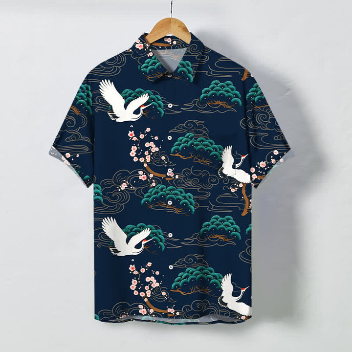 Buddha Stones Crane Pine Blossom Cloud Pattern Buttons Breathable Men's Short Sleeve Shirt - Navy - US/UK/AU48，EU58 (4XL) - image 10