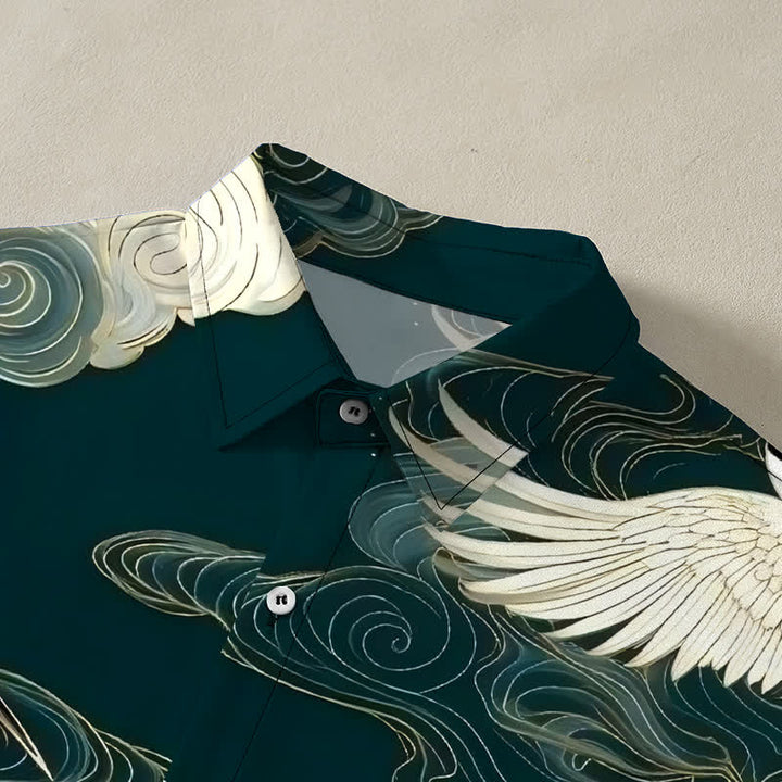 Buddha Stones Flying Red-crowned Crane Auspicious Clouds Pattern Buttons Wrinkle-resistant Men's Short Sleeve Shirt - image 2