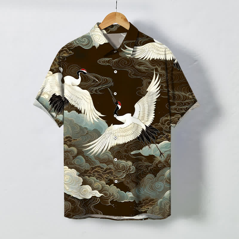 Buddha Stones Flying Red-crowned Crane Auspicious Clouds Pattern Buttons Wrinkle-resistant Men's Short Sleeve Shirt - SaddleBrown - US/UK/AU48，EU58 (4XL) - image 5