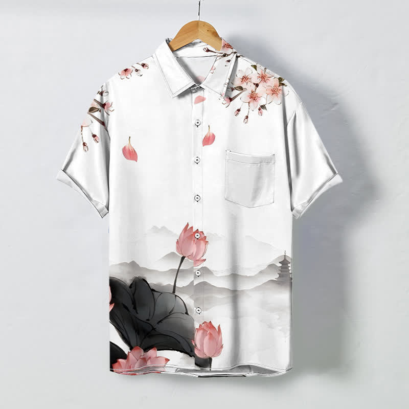 Buddha Stones Lotus Mountain Pagoda Pattern Buttons Wrinkle-resistant Men's Short Sleeve Shirt - White - US/UK/AU48，EU58 (4XL) - image 0