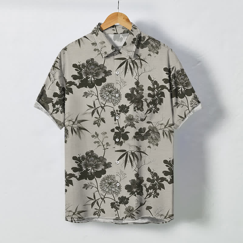 Buddha Stones Dark Floral Bamboo Leaf Pattern Buttons Breathable Men's Short Sleeve Shirt - LightGrey - US/UK/AU48，EU58 (4XL) - image 0