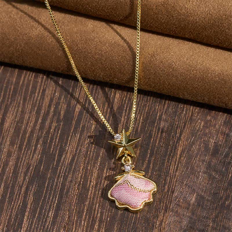 Buddha Stones Song Brocade Copper Shell Heart Ginkgo Leaf Luck Necklace - Shell(Same Color Tone – Pattern Varies) - image 0
