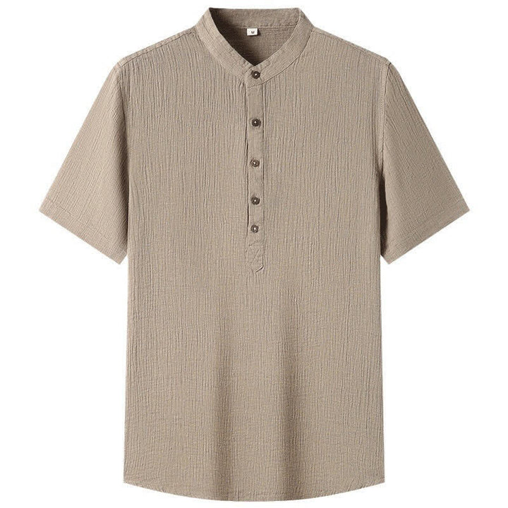 Buddha Stones Summer Casual Tang Style Mandarin Collar Solid Linen Men's Short Sleeve Shirts - image 5