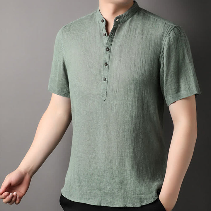 Buddha Stones Summer Casual Tang Style Mandarin Collar Solid Linen Men's Short Sleeve Shirts - image 19