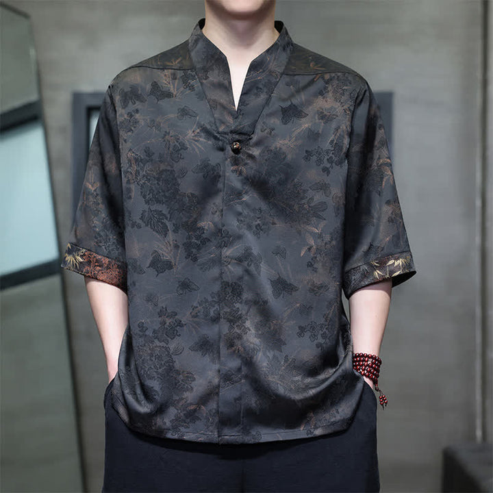 Buddha Stones Spring Summer Tang Style Casual Mandarin Collar Bamboo Butterfly Men's Short Sleeve Shirts - image 1