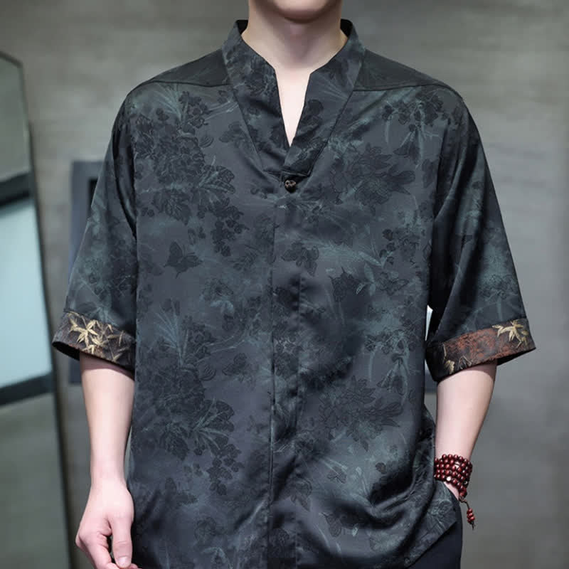 Buddha Stones Spring Summer Tang Style Casual Mandarin Collar Bamboo Butterfly Men's Short Sleeve Shirts - image 14