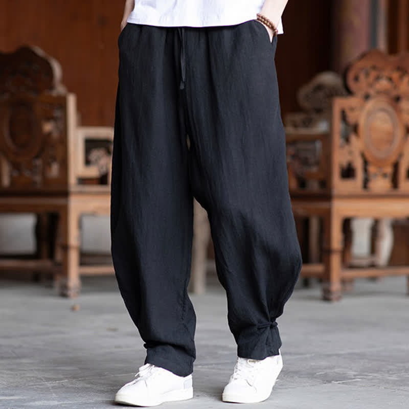 Buddha Stones Summer Casual Vintage Drawstring Elastic Waist Solid Ankle Pants Men's Tapered Pants - Black - US/UK/AU46，EU56 (5XL) - image 11