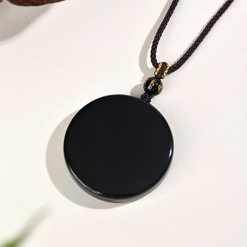 Buddha Stones Black Obsidian Round Shape Protection Braided Rope Necklace - image 1