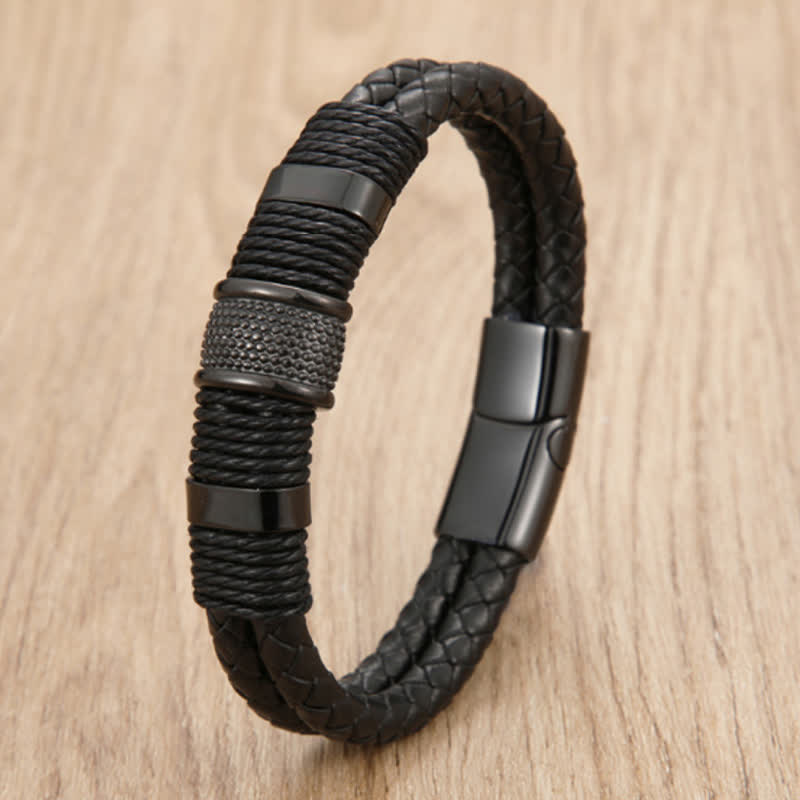 Buddha Stones Leather Hand-Woven Strength Double Layer Braided Bracelet - Black - 7.9–8.3 in (20–21 cm) - image 4