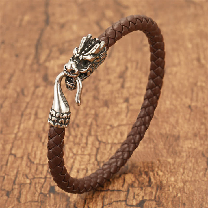 Buddha Stones Braided Leather Dragon Strength Punk Bracelet - Coffee - 7.9–8.3 in (20–21 cm) - image 6