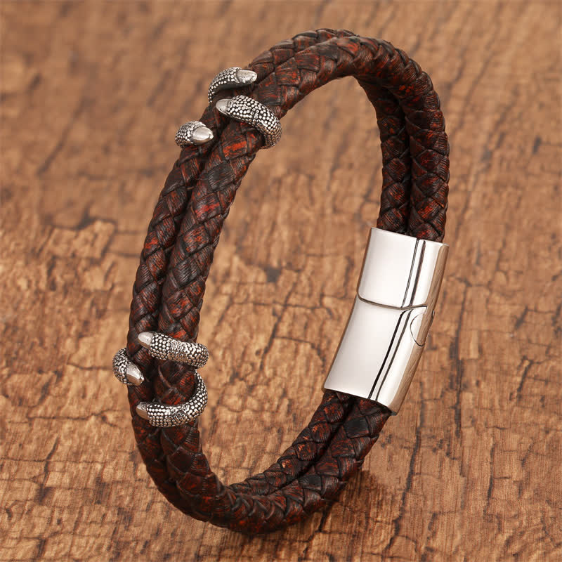 Buddha Stones Braided Leather Dragon Claw Strength Stainless Steel Bracelet - Brown - 7.9–8.3 in (20–21 cm) - image 4