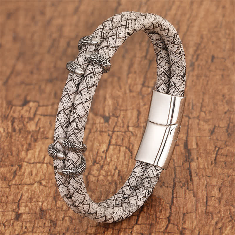 Buddha Stones Braided Leather Dragon Claw Strength Stainless Steel Bracelet - White - 7.9–8.3 in (20–21 cm) - image 6
