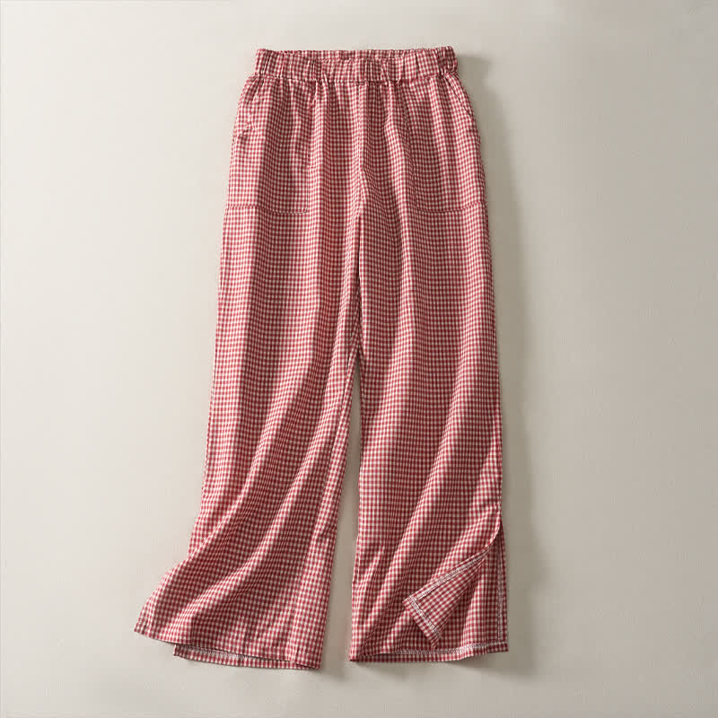 Buddha Stones Spring Summer Casual Vintage Drawstring Plaid Cotton Cropped Pants Women's Straight Leg Pants With Pockets - Red - US14，UK/AU18，EU46 (3XL) - image 0