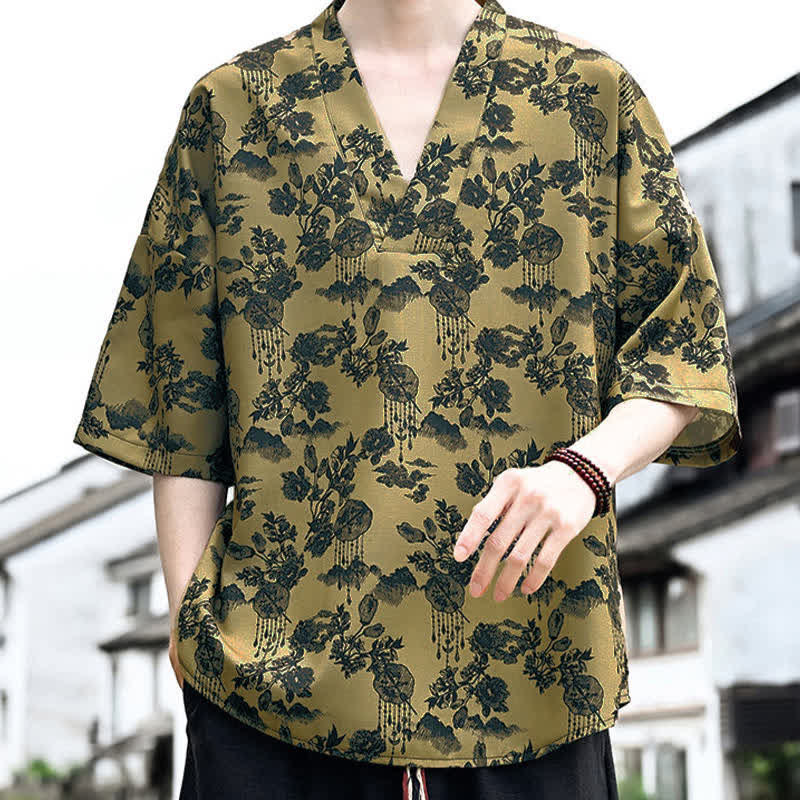 Buddha Stones Summer Casual Tang Style Floral V-Neck Men's Short Sleeve T-Shirts - image 12