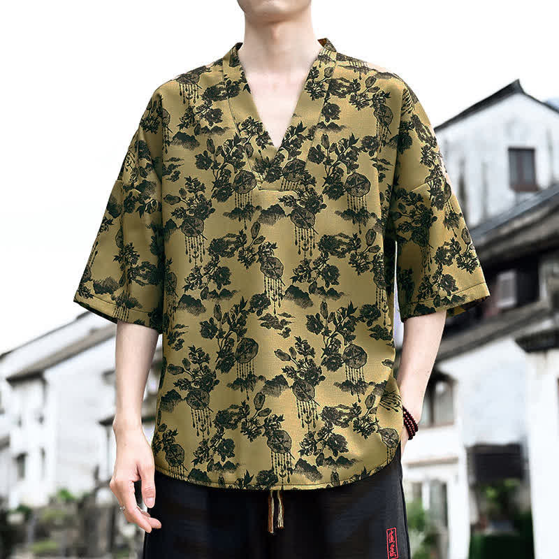 Buddha Stones Summer Casual Tang Style Floral V-Neck Men's Short Sleeve T-Shirts - DarkKhaki - US/UK/AU46, EU56 (5XL) - image 11