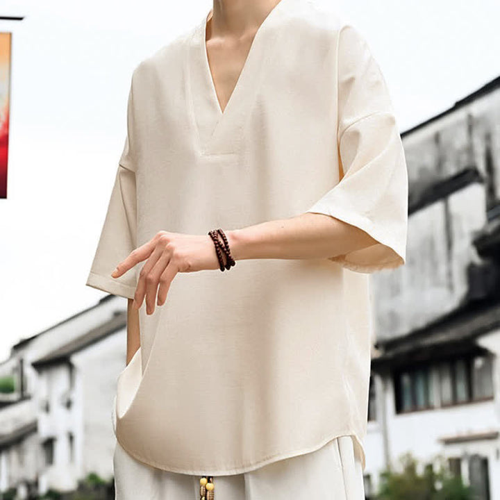 Buddha Stones Summer Minimalist Casual Side Slit Solid Men's Short Sleeve T-Shirts - image 3