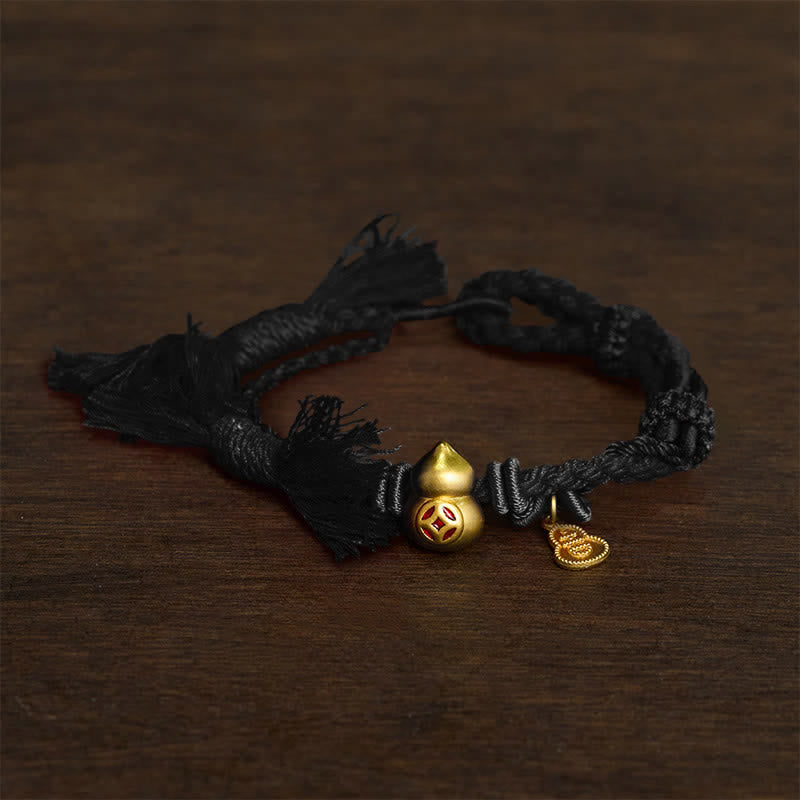 Buddha Stones Alloy Gourd Shaped Chinese Coin Gourd Pendant Wealth Double-Strand Red String Bracelet - black - image 5